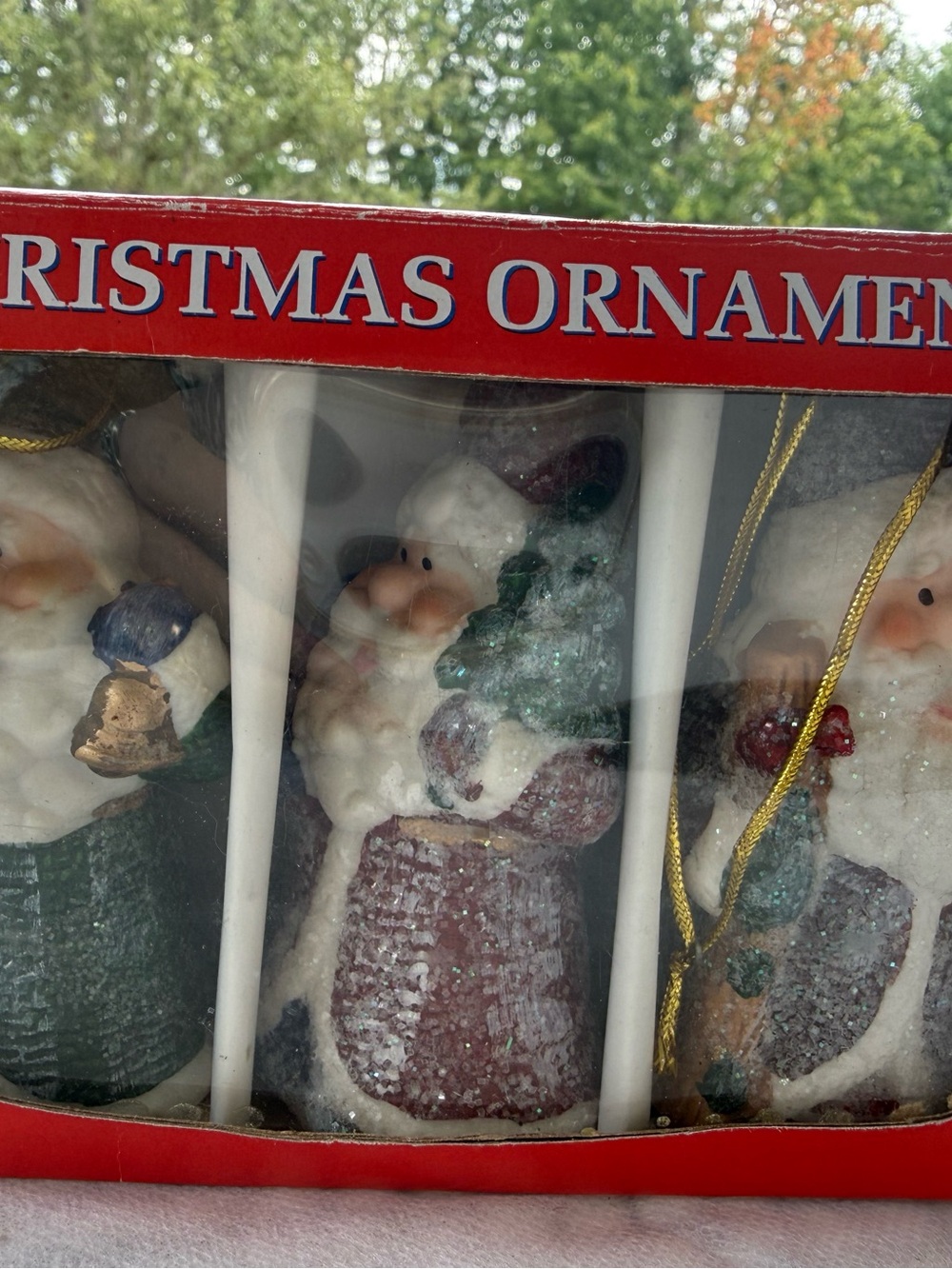 Vtg Christmas Ornaments Set of 3
Glitter Cover Santa's. Each
Holding Gifts3 1/2"